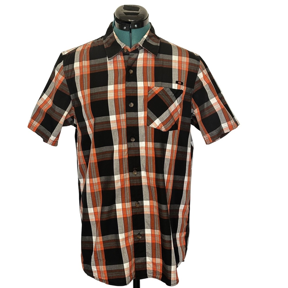 Oakley Shirt Mens Small Black Orange Plaid Short Sleeve Button Front Cotton